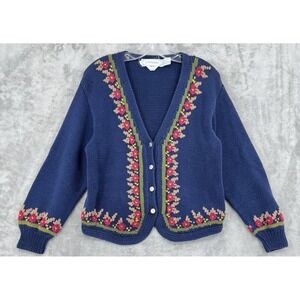 Vintage J Christopher Sweater Womens Large Hand Knit Floral Grandma Cottage Blue
